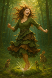 Das Wesen dieser Energie sehe ich tanzend im Wald. Sie ist ganz klar eine Tänzerin, sehr geerdet, sehr kraftvoll. Mit ihrem Tanz kann sie Naturwesen herbeirufen. Der Frau, in der diese Energie lebt, steht Scham im Weg. Die Scham als Wegweiser in die Freiheit zu sehen und nicht als Feind, wird ihr helfen, sich selbst frei und glücklich Ausdruck zu verleihen.
