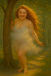 Frau, Anfang 40--- Die Essenz zeigte sich mir als nacktes Weib im Wald, mit wallenden rotblonden Haaren. Mal versteckte sie sich hinter einem Baum, mal zeigte sie sich offen und neugierig. In ihr lebt der Wunsch, ganz und wahrhaftig gesehen zu werden – auch wenn da gleichzeitig Angst ist, verurteilt oder abgelehnt zu werden. Ihre Aufgabe ist es, Schönheit zu sehen in allem, was ist und ganz besonders in sich selbst. Wenn sie mit anderen arbeitet sollte der Fokus auf deren Stärken und Schönheit liegen, nicht in der Suche von Fehlern oder Optimierung. Stärken in dem, was ist, ist eine ihrer Gaben.