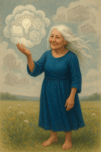 Frau, Mitte 50 --- Die Essenz in Form der weisen Alten zeigt sich mir mit im Wind wehendem weißen Haar und einem langen, schlichten blauen Kleid. Sie schaut gütig und liebevoll und ist ihrer Trägerin nicht unbekannt, auch wenn diese sich der Weisheit, die in ihr lebt, noch nicht voll bewusst ist. Sie sieht Zusammenhänge und Details, die anderen verborgen bleiben und trägt ein uraltes Wissen in sich, auf das sie jederzeit Zugriff hat. Für die Trägerin ist es grundlegend möglich, die Energie ihres Wesens in ihren erlernten Beruf zu integrieren.
