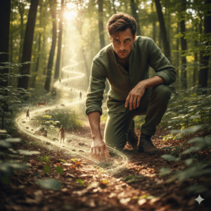 Mann, Mitte 30--- Ich sehe einen schlanken, großen Mann, er bewegt sich wie ein Indianer schleichend am Boden. Optisch sieht er nicht wie ein Indianer aus, aber die Bewegung erinnert mich daran. Es kommt die Information, dass er ein Fährtenleser ist. Seine große Gabe ist es, ein Problem oder eine Sachlage bis zu ihrem Ursprung zurückverfolgen zu können, es ist wie ein inneres Wissen, an das er angebunden ist. Es ist nicht seine Aufgabe, das Problem zu lösen, sondern seinen Ursprung aufzuzeigen. Wenn er schöpferisch tätig ist, sollte er eine Fährte legen – hin zu dem Ziel, dass er erreichen möchte.